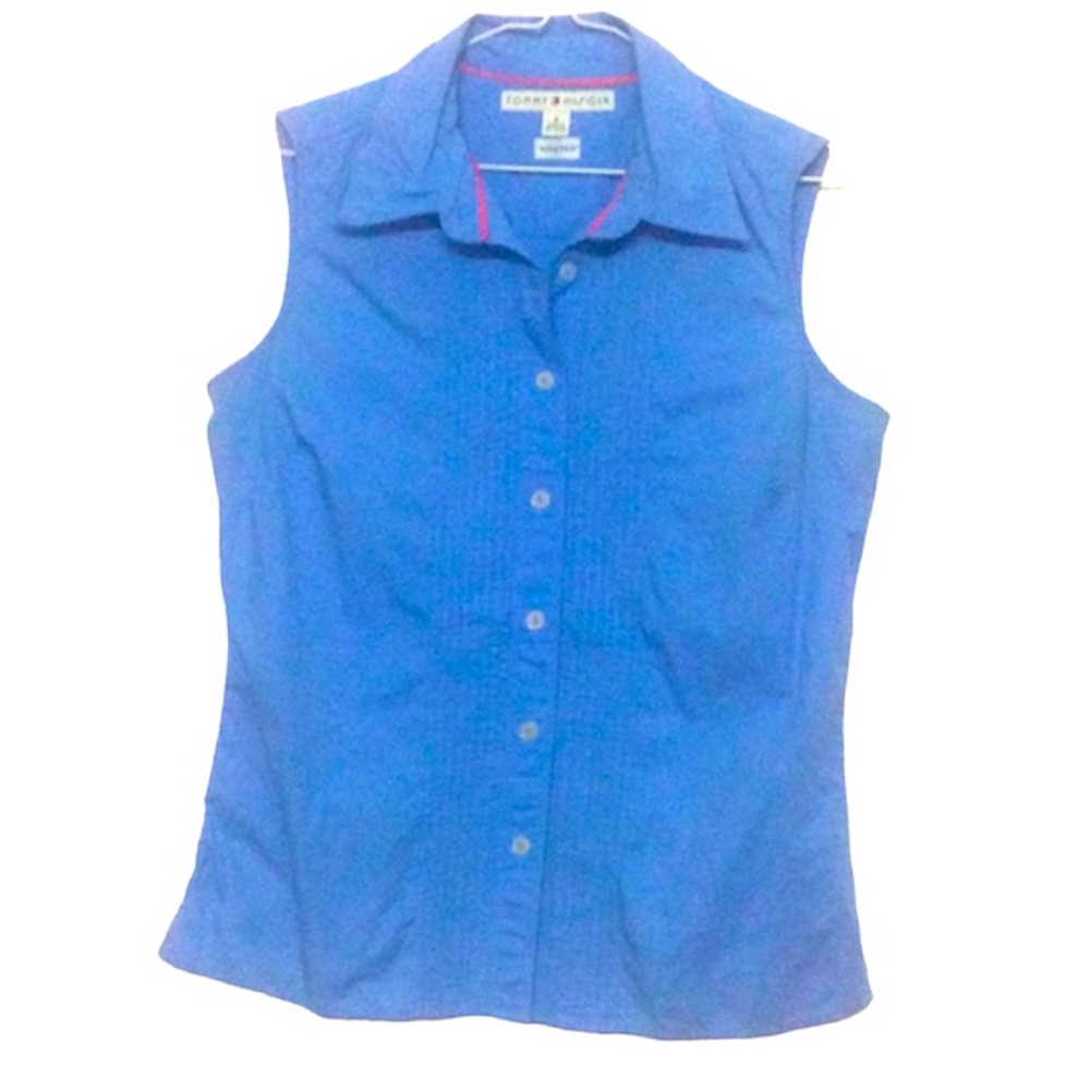 🌞 Tommy Hilfiger blue sleeveless button up, collar, stretch blouse women size 8